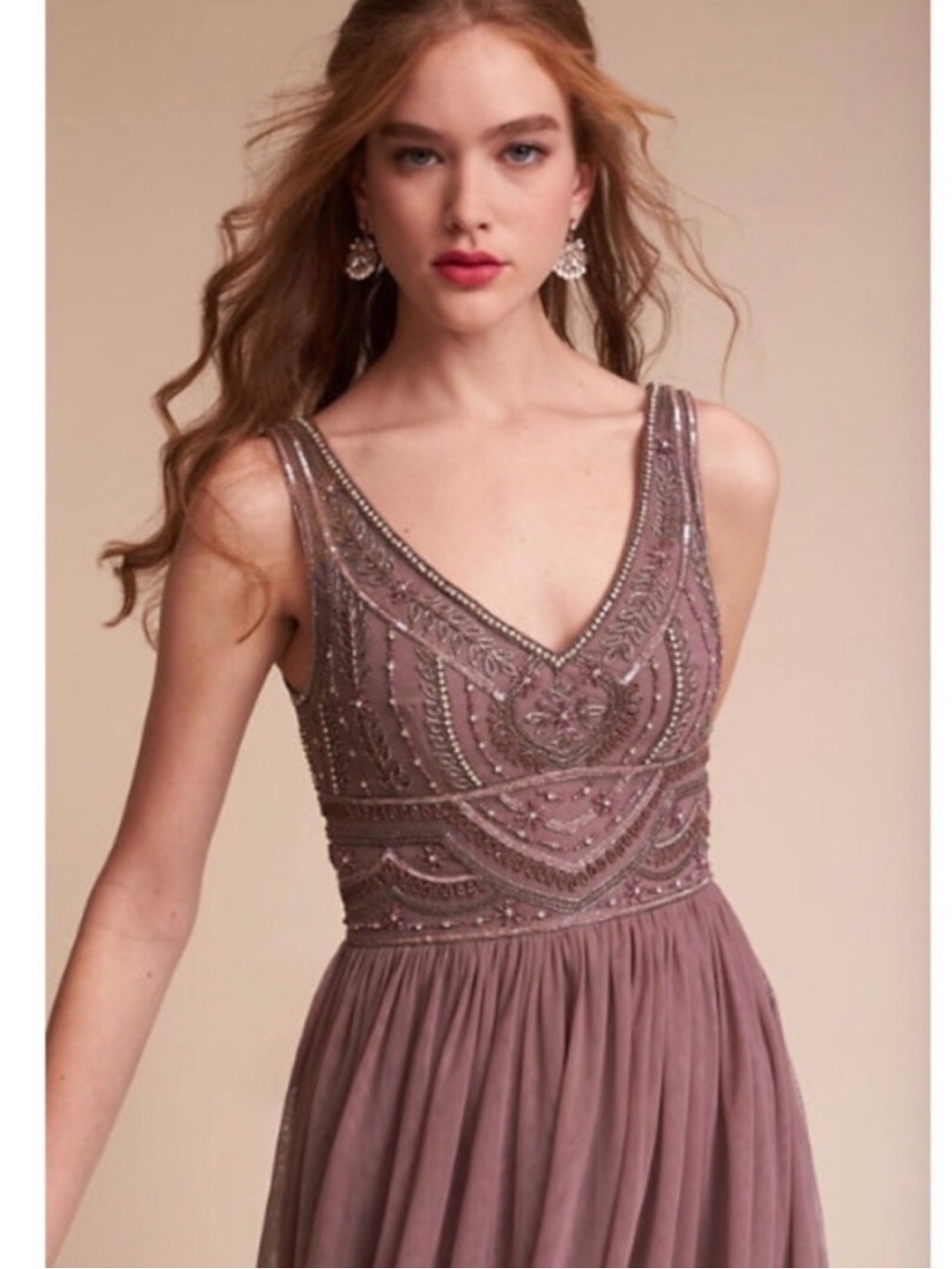 BHLDN Iris Sterling Gown Purple Maxi Dress Beaded Sequence V Neck Bodice Size 12